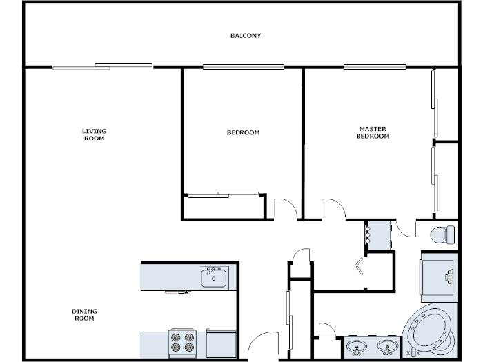 Floor plan for 2 beds, 1 bath, 1240 sqft